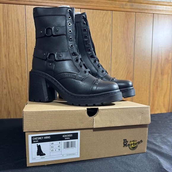 Dr. Martens Chesney BlackLeather Harness Heel Boots Size 10 Womens NEW W/ Box